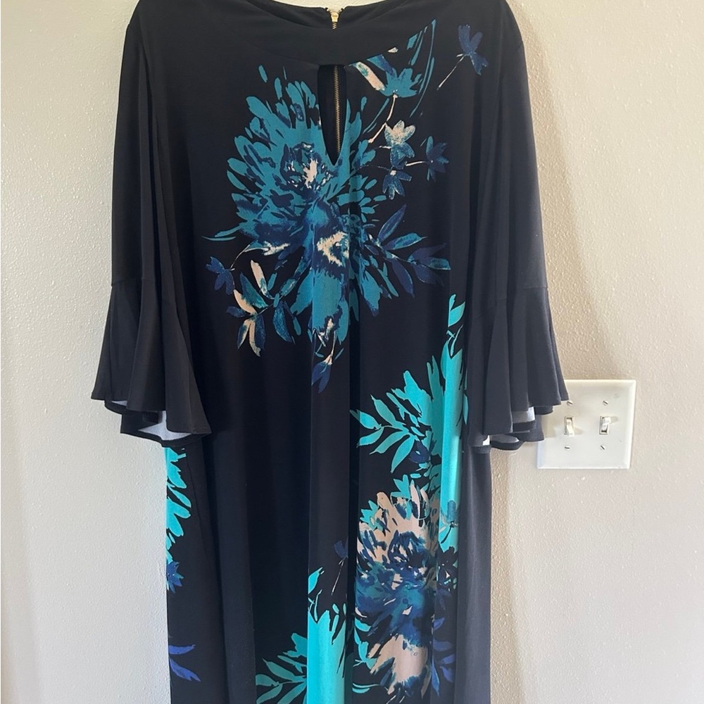 Black Floral Midi Dress with Teal & Blue Blooms